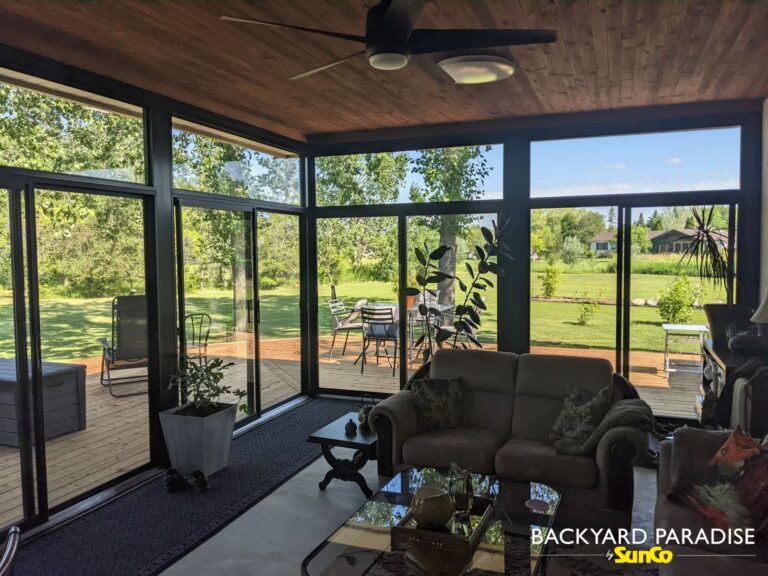 Black curtain wall interior view in St. Andrews, Manitoba