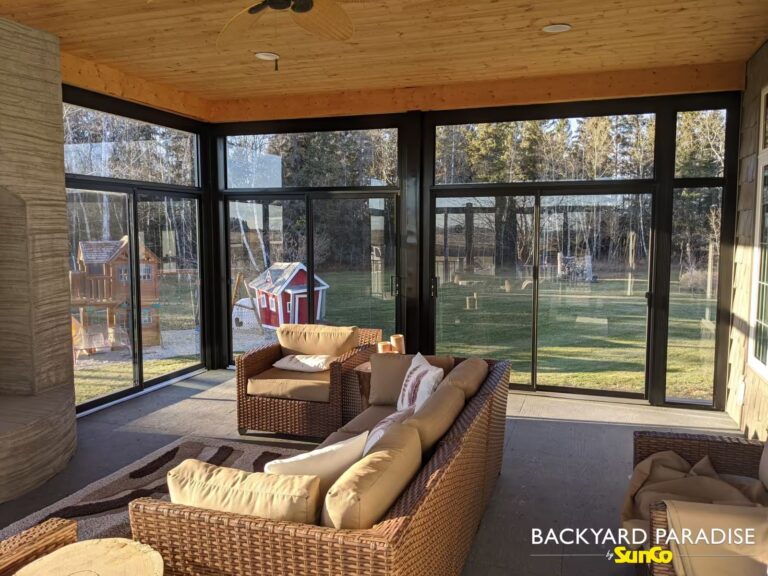 black curtain wall sunroom interior in arborg manitoba
