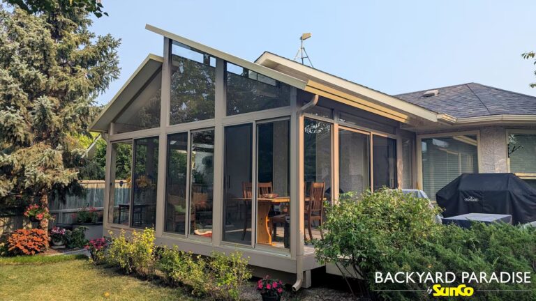 Custom color gable sunroom with split roofline built in Island Lakes, Winnipeg