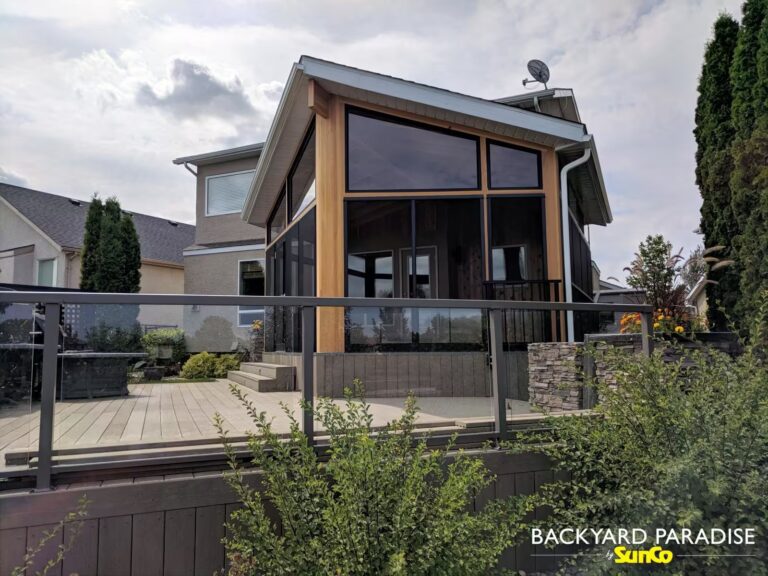 Douglas fir and black windows gable sunroom with angled front wall in Island Lakes, Winnipeg manitoba