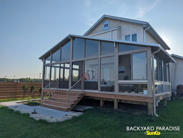 Large sandalwood gable sunroom installed in Tyndall, Manitoba.