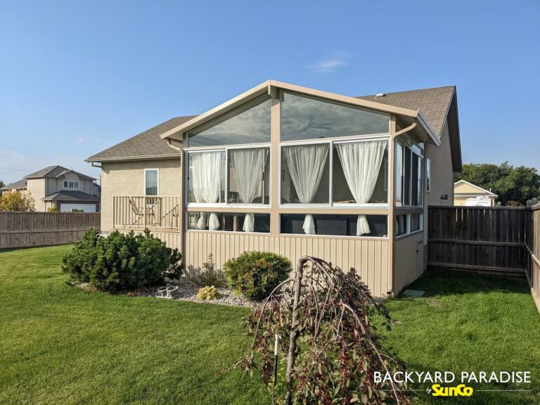 Sandalwood and white gable sunroom installed by SunCo in Stonewall, Manitoba