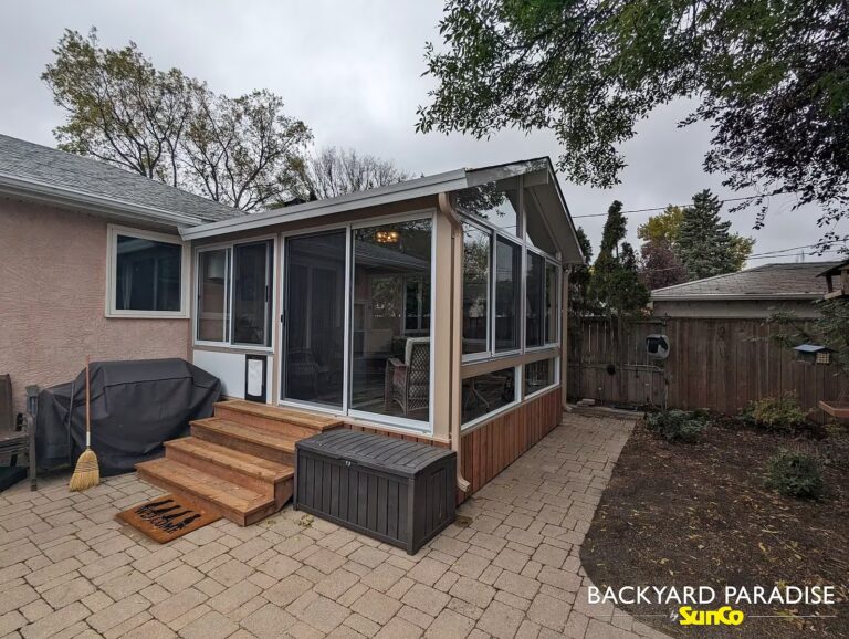 Sandalwood and white gable sunroom installed in Fort Garry, Winnipeg