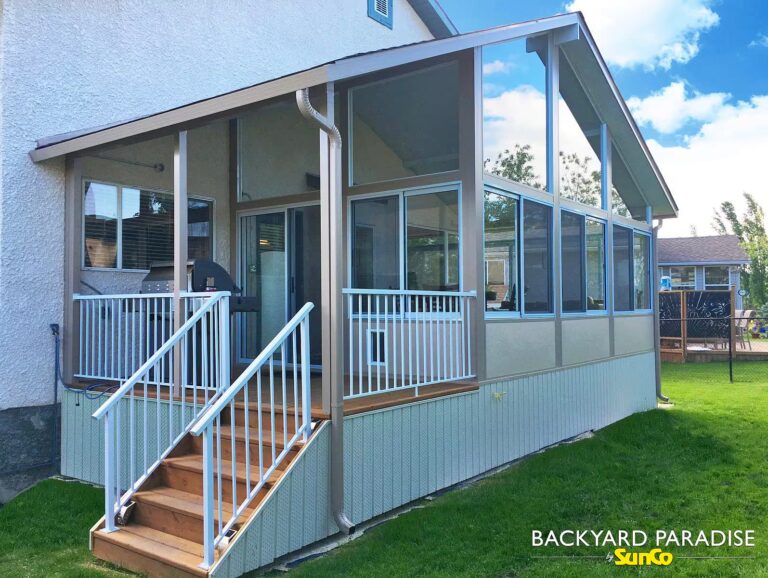 sandalwood and white offset gable sunroom with covered landing in Transcona, Winnipeg