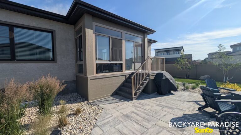 sandalwood curtain wall sunroom aluminum picket rail and composite landing oak bluff manitoba