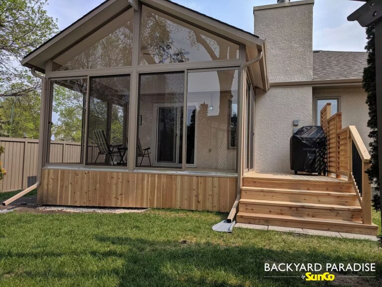 sandalwood gable sunroom with cedar deck in St Vital, Winnipeg