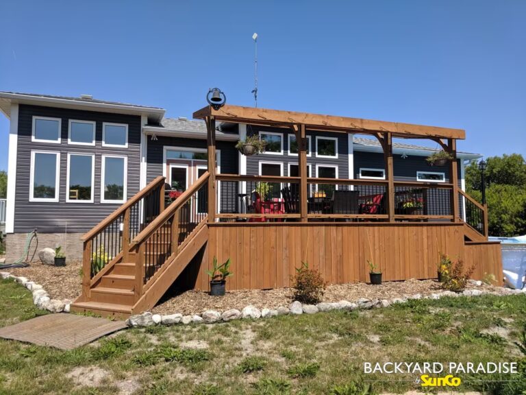 treated lumber deck and railings with pergola argile manitoba