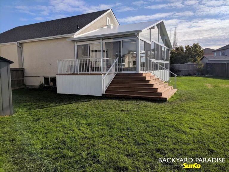 white gable swim spa sunroom with treated stadium staircase lindenwoods winnipeg manitoba