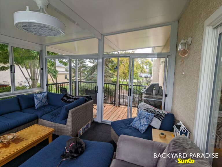White studio sunroom with covered landing interior view in La Salle, Manitoba